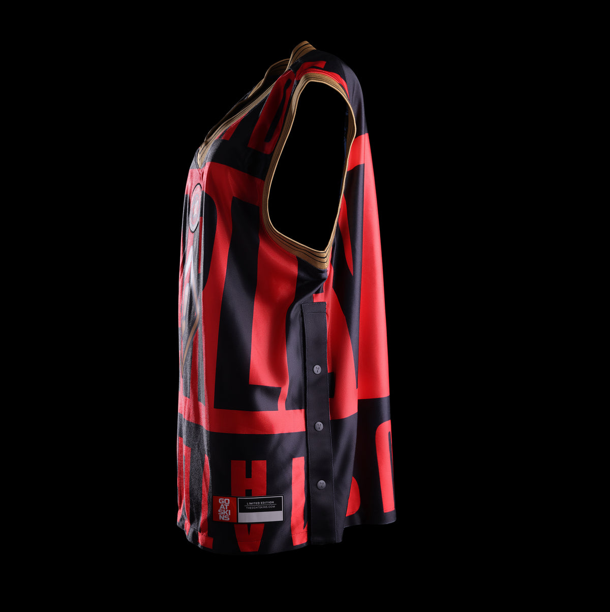 Side view of the officially licensed GOAT SKINS Harley Quinn limited edition collectible jersey showing the red and black design and side detailing