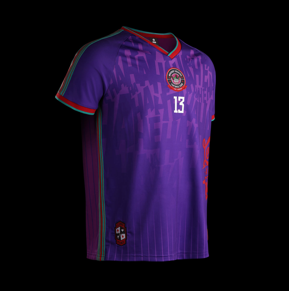 Angled side view of the officially licensed GOAT SKINS Joker limited edition collectible jersey showing the purple design, crest and number 13