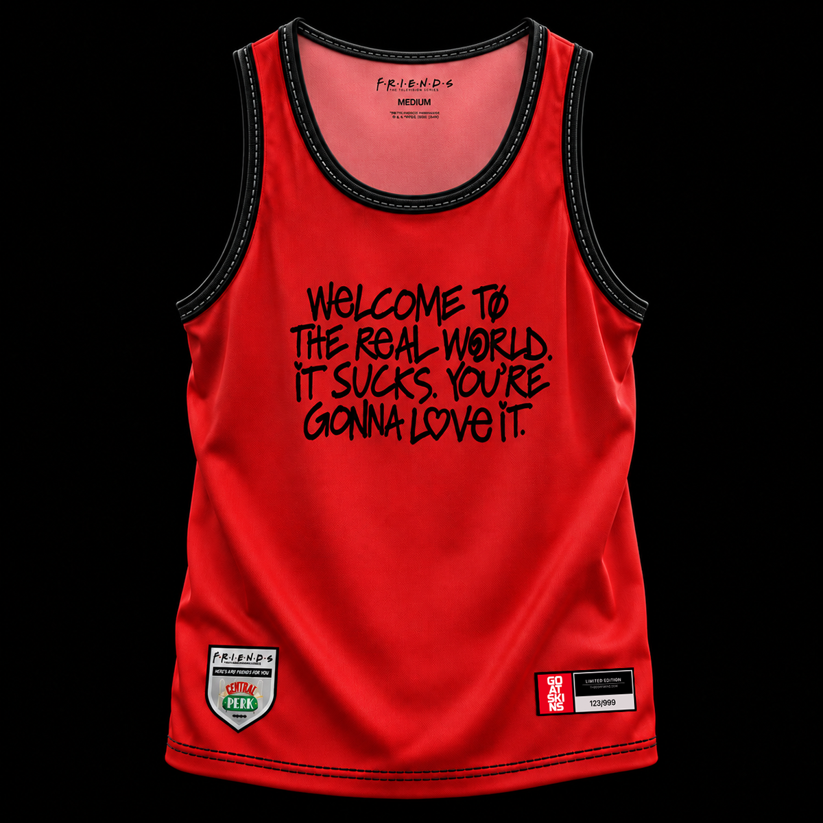 Front view of the officially licensed GOAT SKINS Friends Monica Geller limited edition collectible jersey, numbered to 999 worldwide