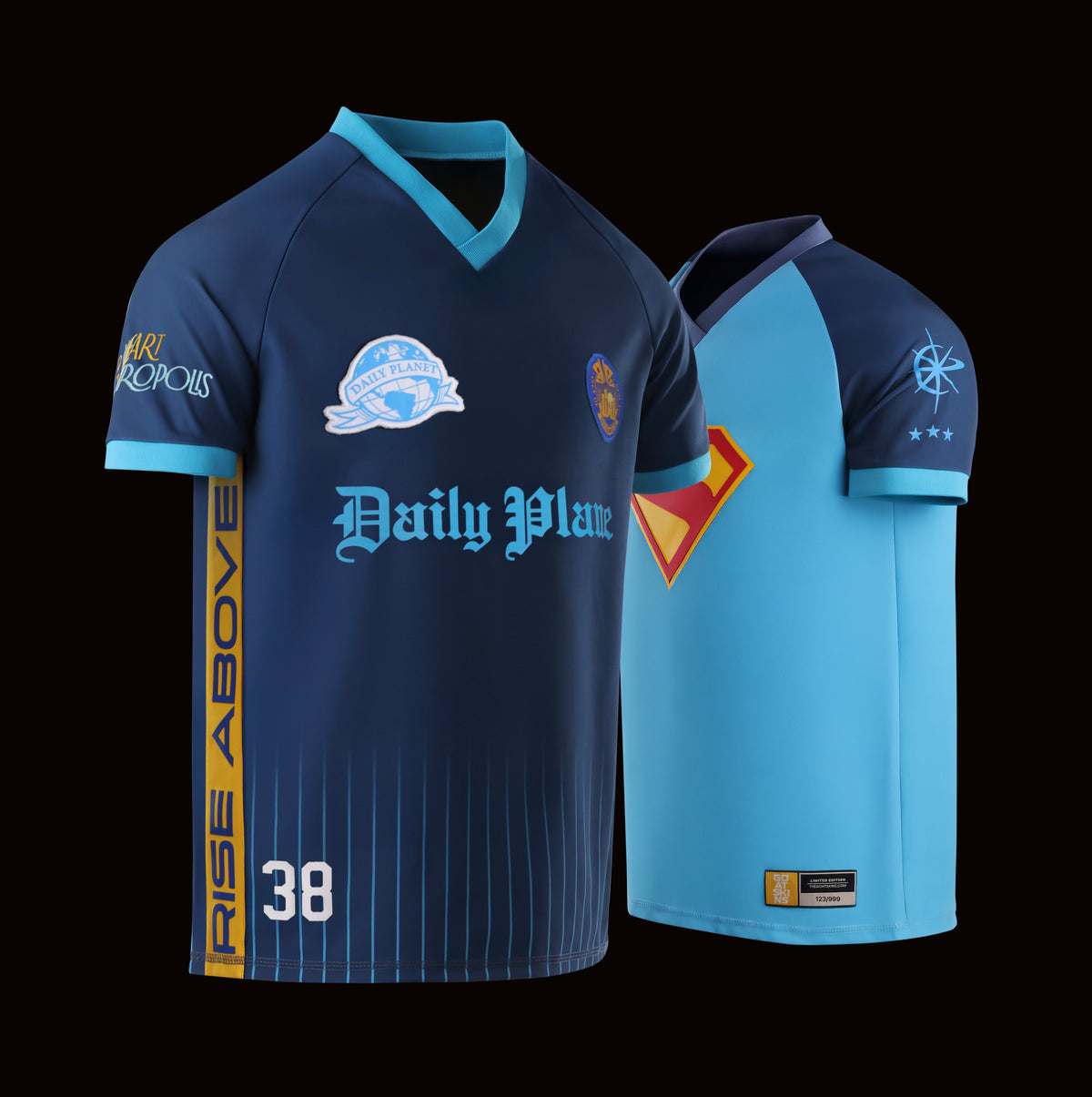 Front angled view of the GOAT SKINS Clark Kent Daily Planet jersey with Superman jersey from the limited edition dual collectible set