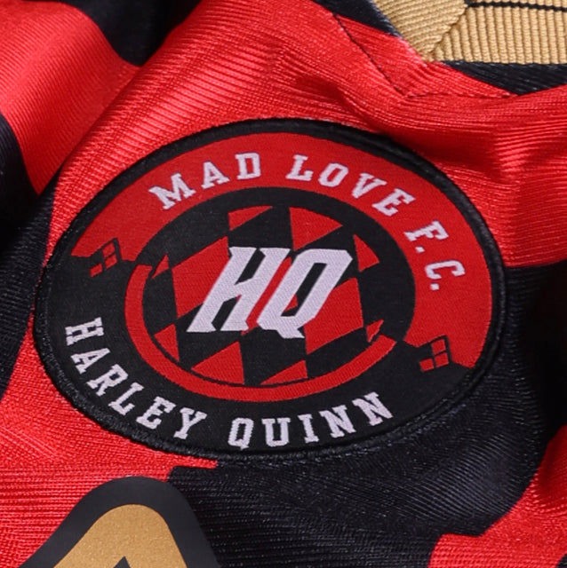 Mad Love FC badge detail on official DC Harley Quinn tribute jersey