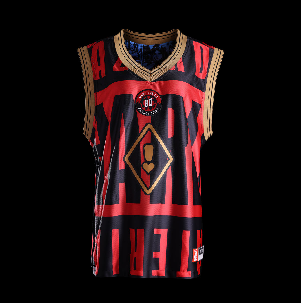 Front view of the officially licensed GOAT SKINS Harley Quinn limited edition collectible jersey, numbered to 999 worldwide