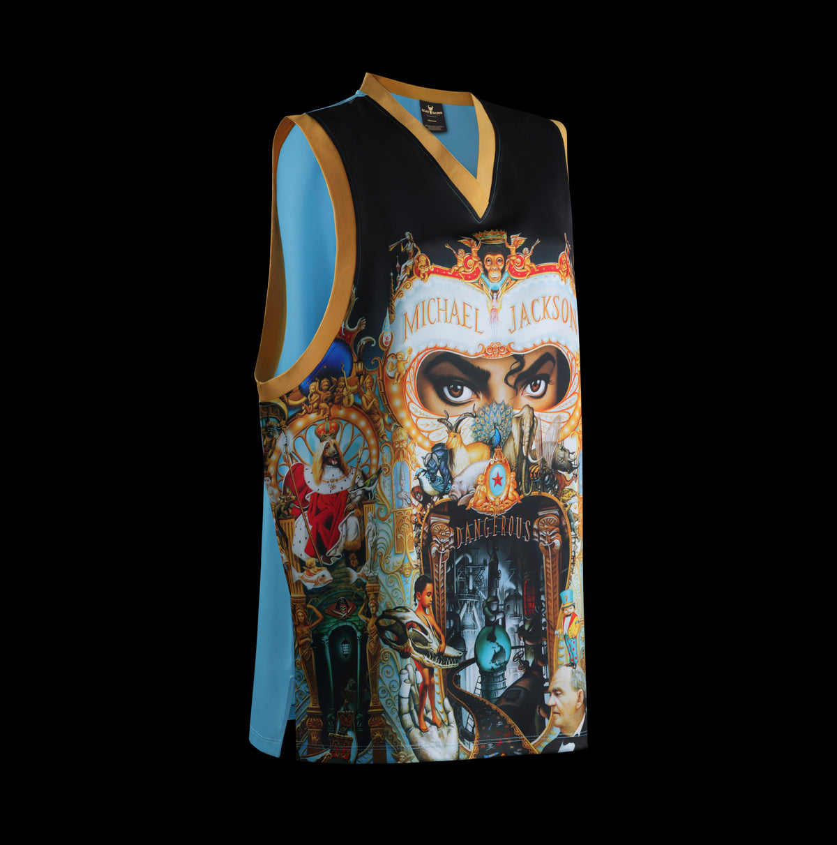 Side view of the GOAT SKINS Michael Jackson limited edition collectible jersey showing the detailed front artwork, blue panel and gold trim