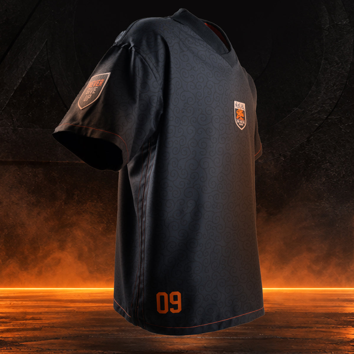 Angled front view of the GOAT SKINS Naruto collectible jersey showing the orange 09 detail, sleeve patch and tonal Naruto-inspired pattern