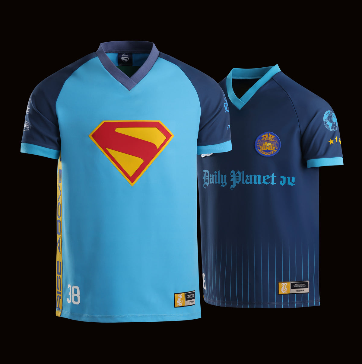 Front view of the officially licensed GOAT SKINS Superman and Clark Kent limited edition dual collectible jersey set