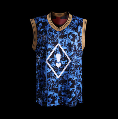 Reverse view of the GOAT SKINS Harley Quinn limited edition reversible collectible jersey showing the blue comic artwork and Harley Quinn diamond design