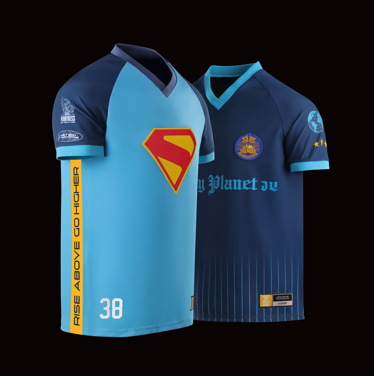 Angled front view of the GOAT SKINS Superman and Clark Kent dual collectible jersey set showing the Superman shield and Rise Above Go Higher detail