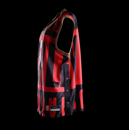 Side view of the officially licensed GOAT SKINS Harley Quinn limited edition collectible jersey showing the red and black design and side detailing