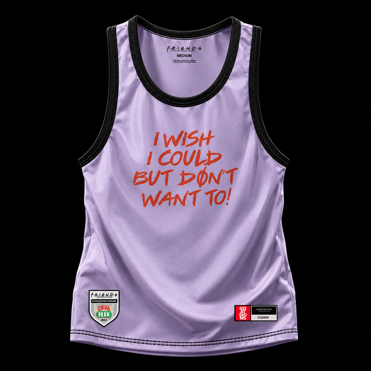 Front view of the officially licensed GOAT SKINS Friends Phoebe Buffay limited edition collectible jersey, numbered to 999 worldwide