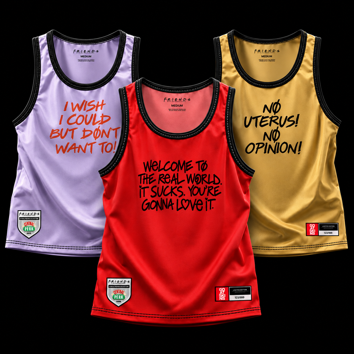 Officially licensed GOAT SKINS Friends 3-piece collectible jersey set featuring Rachel Green, Monica Geller and Phoebe Buffay limited edition jerseys