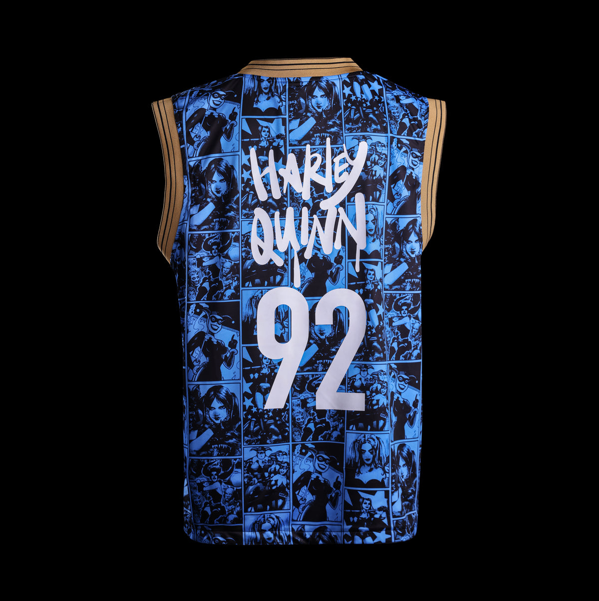 Reverse view of the GOAT SKINS Harley Quinn limited edition reversible collectible jersey showing the blue comic design, Harley Quinn name and number 92