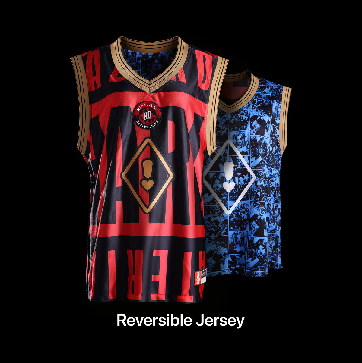 GOAT SKINS Harley Quinn limited edition reversible collectible jersey showing both the red and black design and blue comic artwork