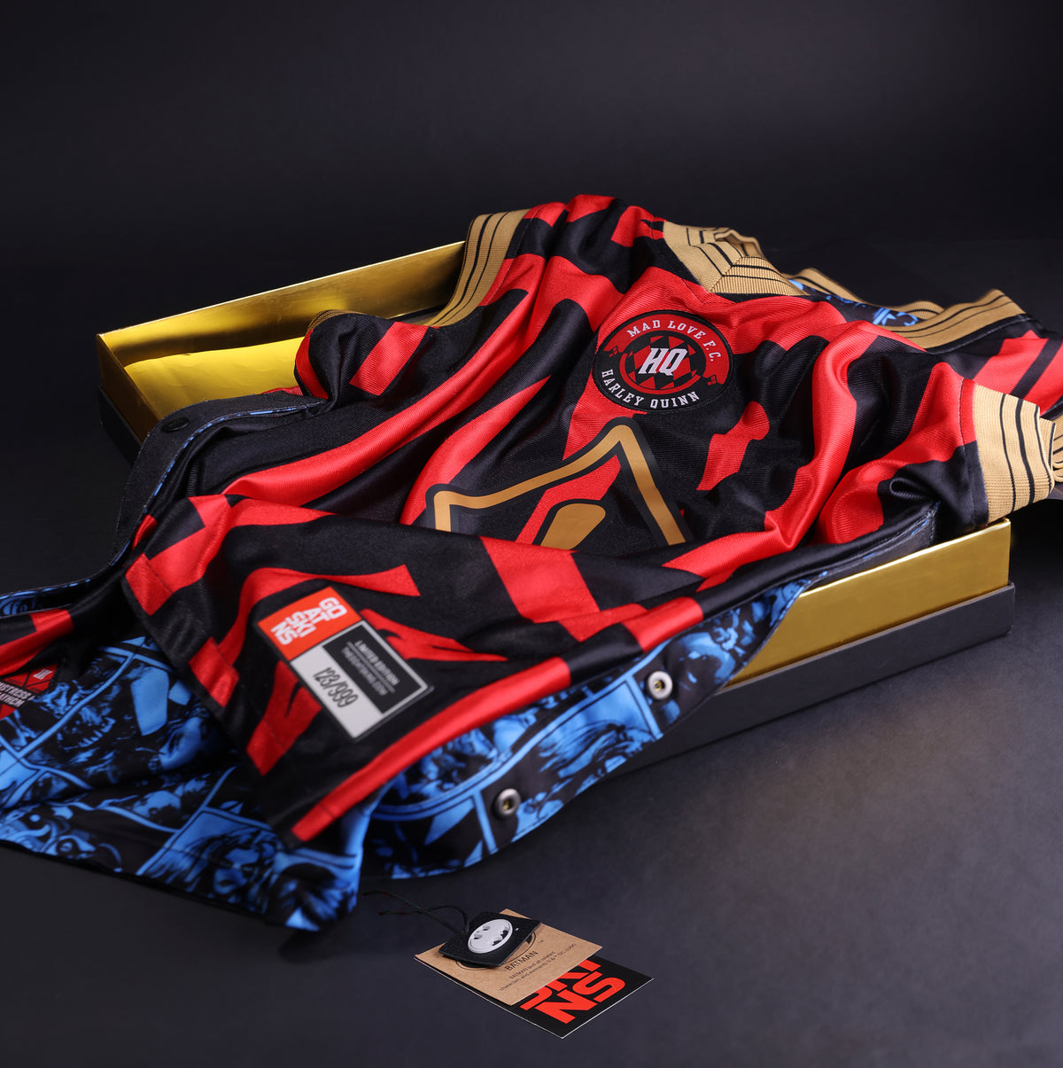 GOAT SKINS Harley Quinn limited edition reversible collectible jersey displayed with its collector packaging and numbered authentication label