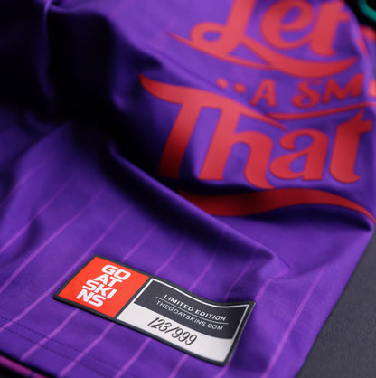 Close-up of the GOAT SKINS Joker limited edition collectible jersey showing the NFC authentication label and individual numbering out of 999