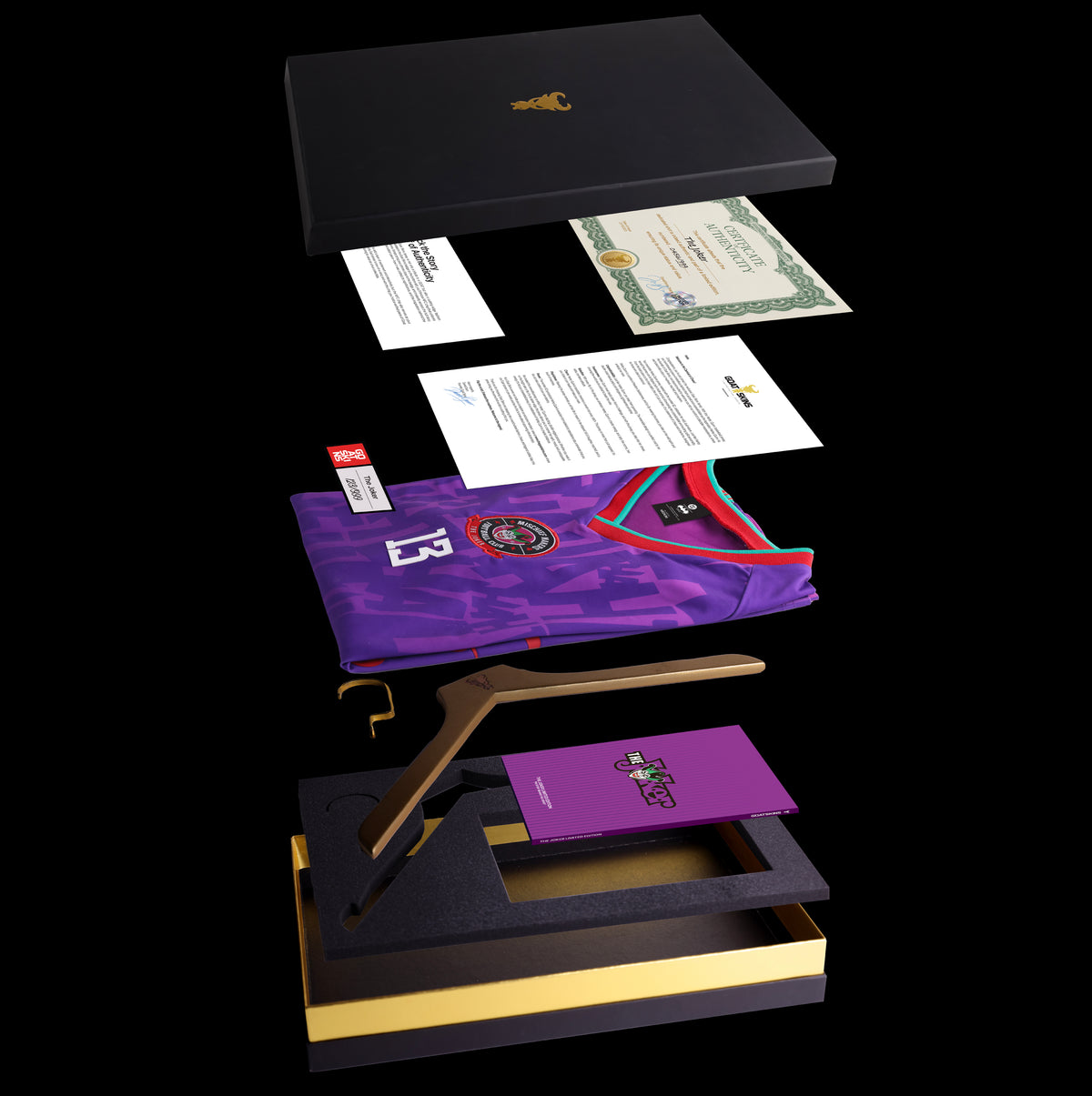 Complete GOAT SKINS Joker limited edition collectible jersey presentation with jersey, collector box, hanger, booklet, Certificate of Authenticity and collector materials