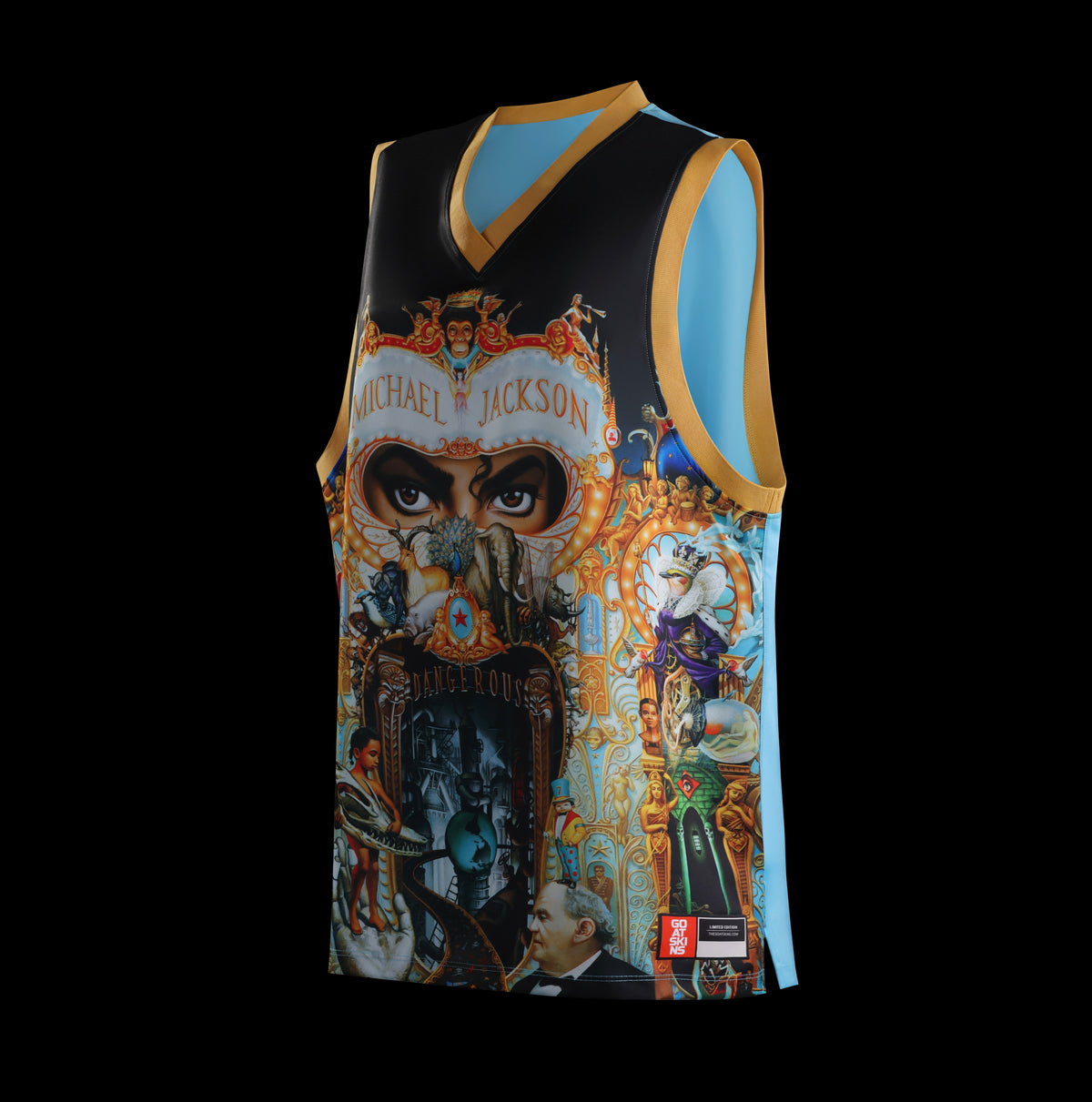 Angled front view of the GOAT SKINS Michael Jackson limited edition collectible jersey showing the artwork, gold trim and blue side panel