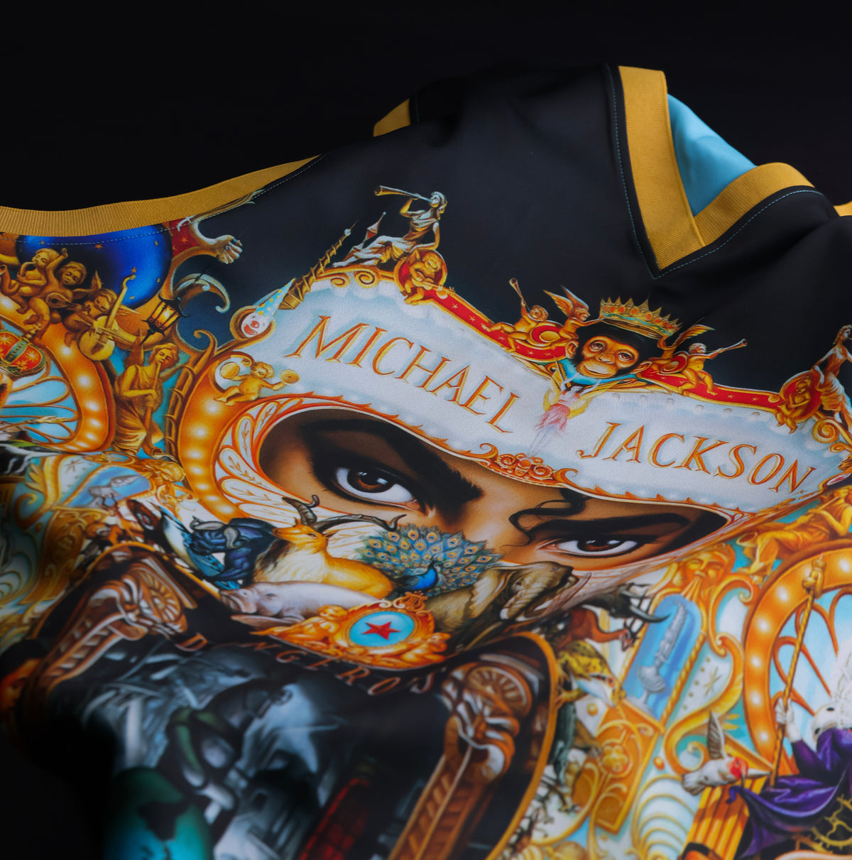 Close-up of the GOAT SKINS Michael Jackson limited edition collectible jersey showing the detailed front artwork and Michael Jackson name