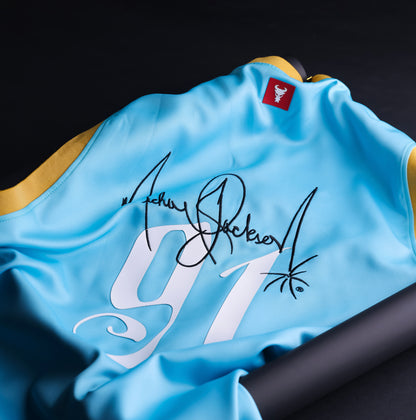 Close-up of the GOAT SKINS Michael Jackson limited edition collectible jersey back featuring signature artwork and number 91