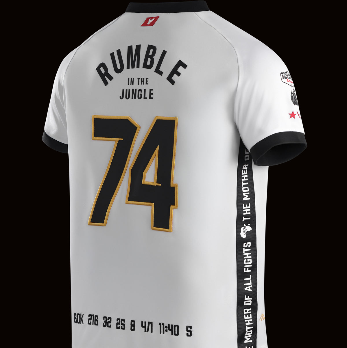 Back view of the officially licensed GOAT SKINS Muhammad Ali limited edition collectible jersey featuring Rumble in the Jungle and number 74