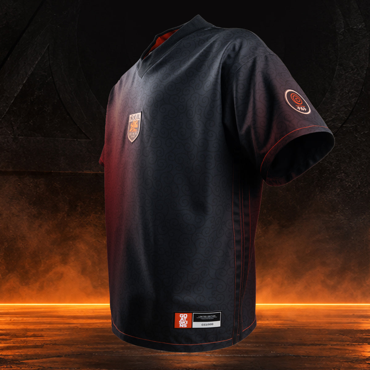 Angled side view of the GOAT SKINS Naruto limited edition collectible jersey showing the sleeve badge, orange trim and numbered edition detail