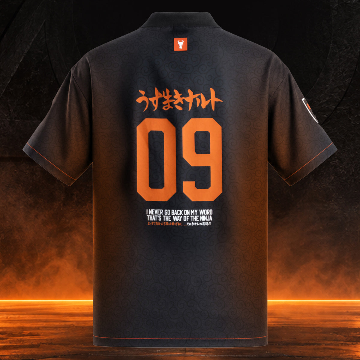 Back view of the officially licensed GOAT SKINS Naruto limited edition collectible jersey featuring orange number 09 and Naruto-inspired Japanese typography