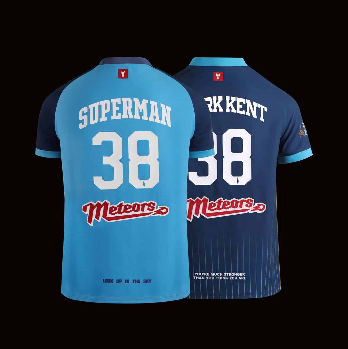 Back view of the GOAT SKINS Superman and Clark Kent dual collectible jersey set featuring number 38 and Metropolis details